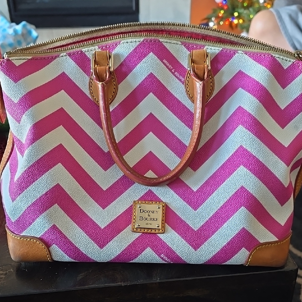 Dooney & Bourke Pink and White Chevron Satchel with Tan Trim